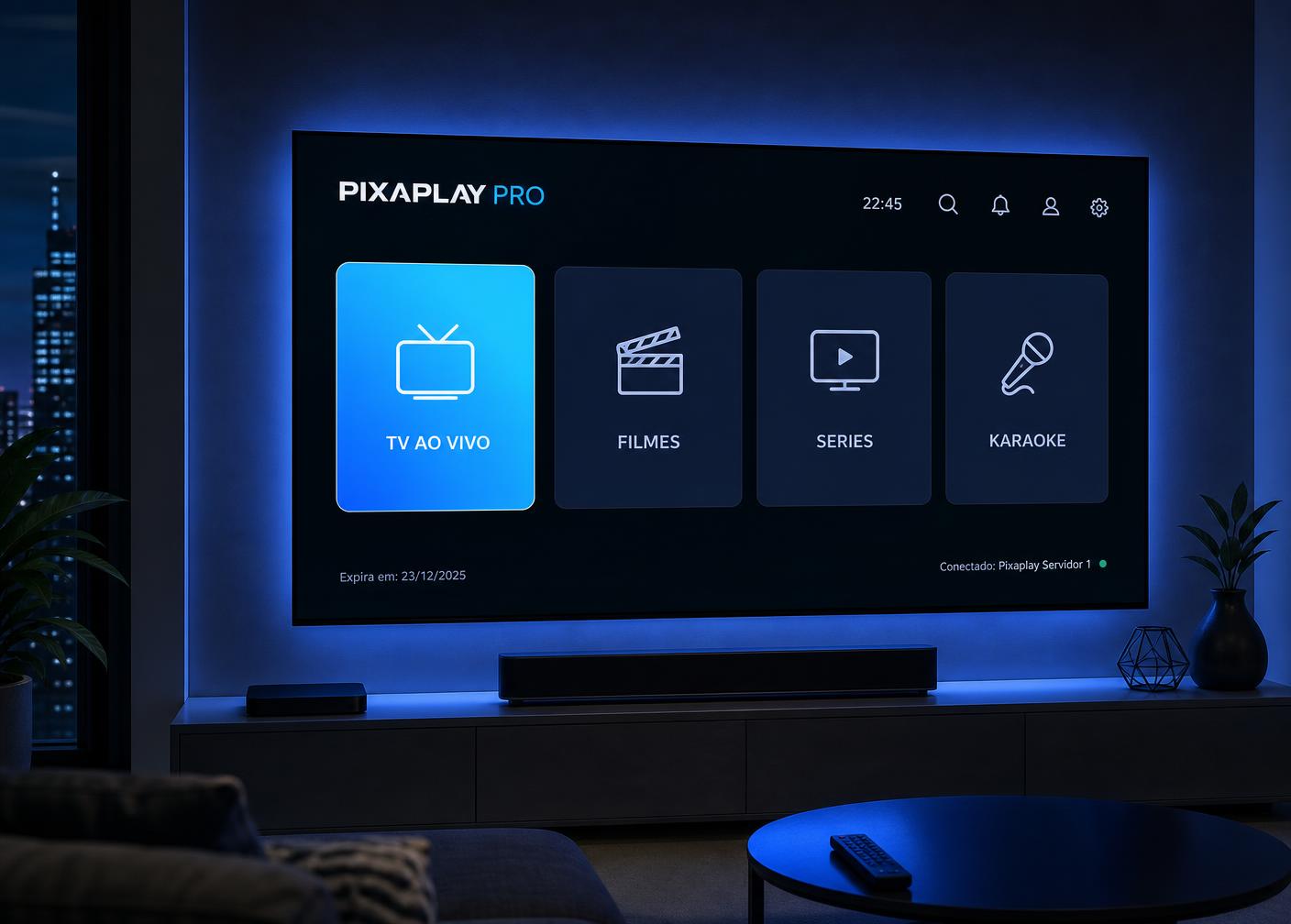 PixaPlay Pro numa Smart TV com TV ao vivo, filmes, séries e karaokê